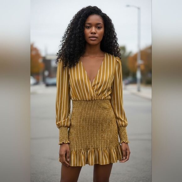Forever 21 Dresses & Skirts - Forever 21 Mustard and White Striped Long Sleeve Dress